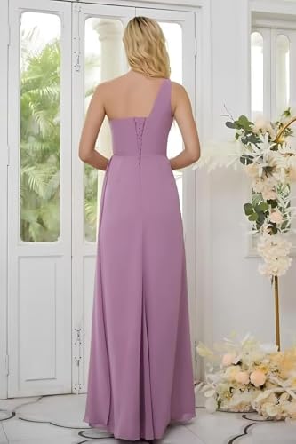 GATMAHE One Shoulder Bridesmaid Dresses for Women Ruched Chiffon Ruffle A Line Formal Dress with Slit3