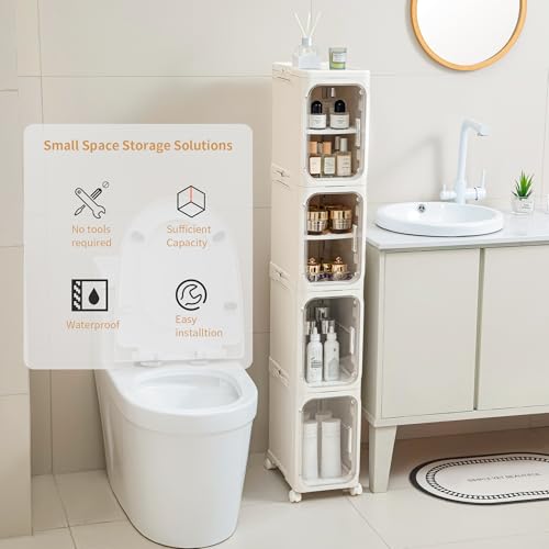 Image of 2-Tier Slim Narrow Bathroom Storage Cabinet, Cream White | Tool Free Assembly, Adjustable shelves, Fits for Narrow Spaces, Lockable Wheels, Magnetic Clear Door