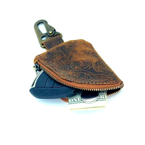 JJNUSA Genuine Leather Zipper Coin Purse Wallet With Key Car Smart, Change Purse, Coin Pouch Holder For Men Flower Brown3