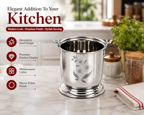 Image of Ajay's Shoppe Stainless Steel Mini Serving Bucket 450 ml (9.5 cm) | Dal Raita Serving Bowl | Restaurant Style, Heavy Gauge Mirror Finish