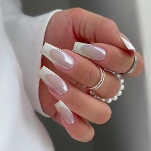 SEMATA Acrylic French Tip Press on Nails Medium Long Square Nails Press ons Coffin Chrome Pink Glue on Fake Nail with Glossy Designs Artificial Stick on False Nail for Women 24Pcs — view 2