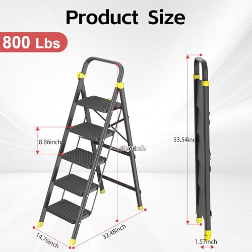 DIAMONDFORGE 5-Step Folding Step Ladder Stool with Handle, Anti-Slip Wide Pedals & Feet, 800lbs Capacity for Home Kitchen Adults, Black Yellow by DIAMONDFORGE - Used condition - Image 6