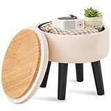 Cpintltr Storage Ottoman Footstool Round Footrest with Removable Lid Soft Padded Foot Stool with Solid Wood Legs Coffee Table Step Stool Extra Seating for Hallway Living Room Bedroom Champagne