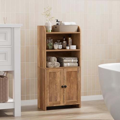 Homhedy Small Bathroom Storage Cabinet, Freestanding Toilet Paper Storage with 2 Doors and Shelves, Bathroom Organizers and Storage for Small Spaces, 7.9" D x 14.6" W x 31" H, Rustic Walnut by Homhedy - Image 7