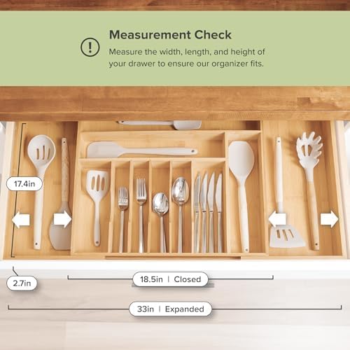 KitchenEdge Premium Silverware, Flatware and Utensil Organizer for Kitchen Drawers, Food-Safe Contract Grade, Expandable from 18 to 33 In, Natural Bamboo - Thumbnail 2