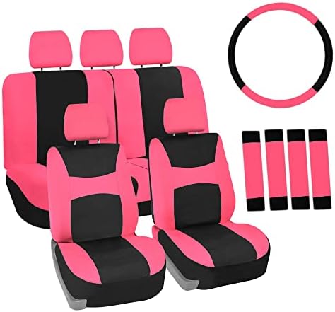 Automotive Seat Covers Pink Universal Fit Combo Set with Steering Wheel Cover and Seat Belt Pad fits most Cars, SUVs, and Trucks (Airbag Compatible and Split Bench) FH Group FB030PINK-COMBO