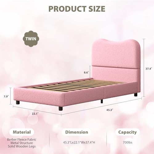 GarveeHome Twin Bed Frame for Kids with Velvet Upholstered Headboard, Cute Low Profile Platform Bed for Girls and Boys, No Box Spring Needed, Strong Wooden Slats, Noise Free, Easy Assembly, Pink
