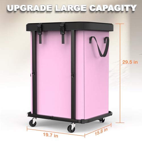 Image of 150L (40 Gal) Large Fashion Laundry Basket with Wheels, Leather Patchwork Rolling Hamper Carts, Sturdy Metal Frame, Removable Washable Bag, Tall Clothes Sorter for Bedroom (Pink, 1 Section-150L)