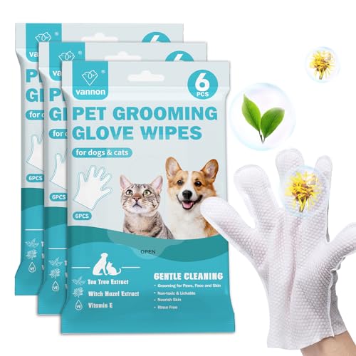 Vannon Extra Thick Pet Bathing Wipes for Dogs & Cats, Cleaning & Odor-Controlling Grooming Gloves, Nourish Fur Glove Wipes for Daily Care and Traveling, Rinse Free, Unscented, 3 Pack, 18 PCS