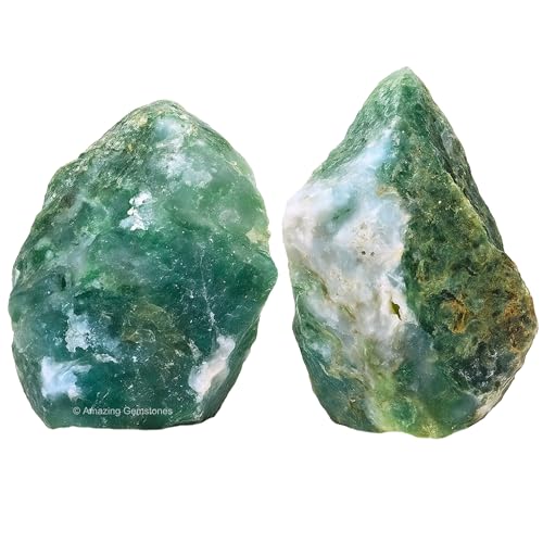 Amazing Gemstone 2 Pieces Moss Agate Raw Crystals and Healing Stones, Natural Rocks for Tumbling and DIY Raw Stones and Crystals