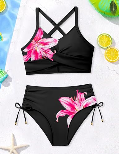 Image of Teen Girls Swimsuits V-Neck Bikini Set Bathing Suits Cross Straps Two Piece Swimwear with Drawstring