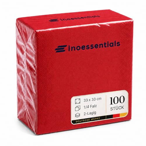 Inoverse 100 Stück Servietten 2-lagig 1/4-Falz 33 x 33 cm Rot Einfarbig Papierservietten Einweg für Hochzeit Party & Gastro Dekorative Tischservietten