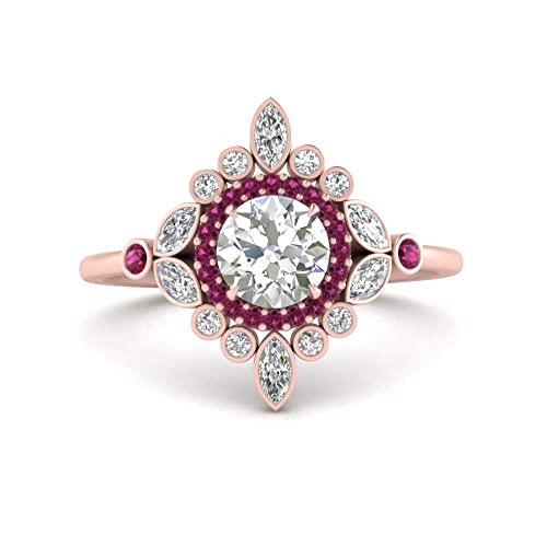 Image of 55Carat Choose Your Gemstone Round Halo Floral Engagement Ring Rose Gold Plated Round Shape Vintage Engagement Rings Everyday Jewelry Wedding Jewelry Handmade Gifts for Wife US Size 4 to 12