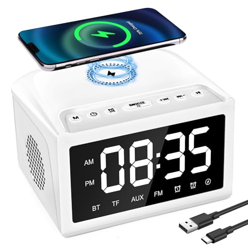 Alarm Clocks Bedside, Digital Alarm Clock Radio with Bluetooth Speaker, USB Charging Port, FM Radio, Universal Wireless Qi Charging, Dimmable LED Display, Dual Wireless Speaker for Home, Work