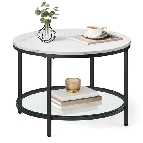 VASAGLE Round Coffee Table, Small Coffee Table with Faux Marble Top and Glass Storage Shelf, 2-Tier Circle Coffee Table, Modern Center Table for Living Room, Marble White and Ink Black ULCT072W13
