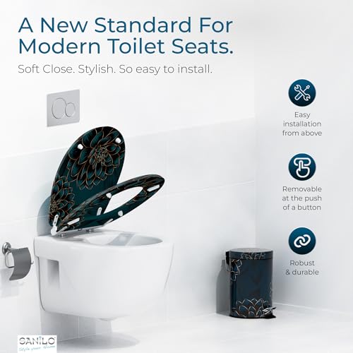 Image of Sanilo Wooden Toilet Seat with Quick Release & Soft Close [ROUND] - Decorative & Slow Close Molded Wood Seat - With One Click for Easy Installation & Cleaning - With Adjustable Fit (Dahlia)