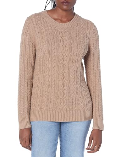 Amazon Essentials Women's Fisherman Cable Knit Long-Sleeve Crewneck Jumper (Available in Plus Size), Camel Heather, L