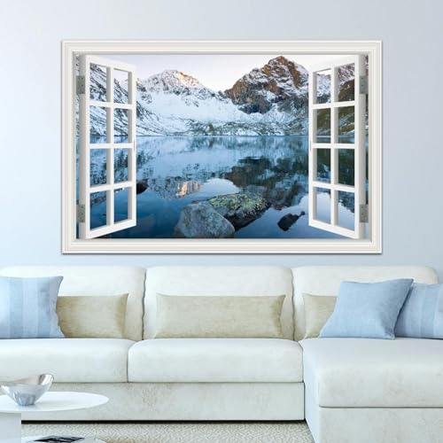 Vue de fenêtre en trompe-l'œil : toile lac d'hiver pour illuminer un salon sombre