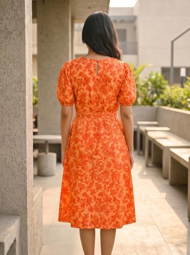 Image of HELLCAT Women Floral Fit & Flare Midi Dress | Round Neck, Puff Short Sleeve, Waist Tie-Up Belt | Casual Brunch Wear, Western One Piece, A-Line Long Frock, Summer Party Outfit