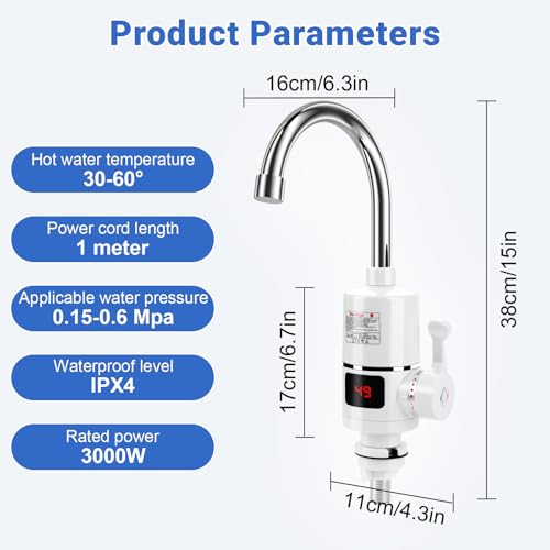 Elektrischer Wasserhahn mit Durchlauferhitzer, 220V 3000W Warmwasserhahn Küchenarmatur für Küche, Garten, Bad, Wohwagen, Camping