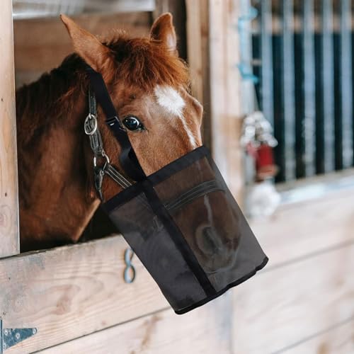 Pferdefutter Tasche, Futterbeutel für Pferde, 23,9 x 24,4 cm, Heavy-Duty Breathable PVC Mesh Getreide Futtertasche, mit verstellbarem Riemen und langlebigem Snap Pferd Maulkorb Futtertasche (Schwarz)