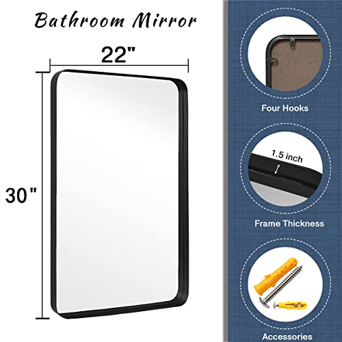 Black Bathroom Mirror 22"X30" Wall-Mounted Mirror Rectangle Mirror With Metal Frame Mirror Rounded Corners Mirror Modern Vanity Mirror For Bathroom, Hangs Horizontal Or Vertical #TOP1