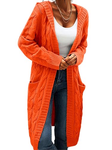 Image of Women Hooded Open Front Cardigan Cable Knit Chunky Long Sweater Coats | solid color, cable knit ,long duster cardigan,chunky coatigan,winter ,falll ,side pockets