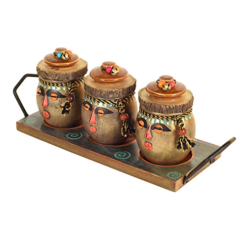 Image of AAKRITI ART CREATIONS Happy Tribals Storage Jars and Handcrafted Tray| Multicolor Abstract Art Terracotta Jars with Wooden Tray | Matte Finish Kitchen Storage Set | Jars for Dining Table & Home Decor