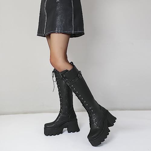 Image of Parisuit Women's Knee High Goth Platform Boots Lace Up Combat Boots