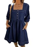 Sidefeel Women's Spring Outfit Denim Dress 3/4 Sleeve Loose Fit Square Neck Summer Jean Dresses Bluing X-Large