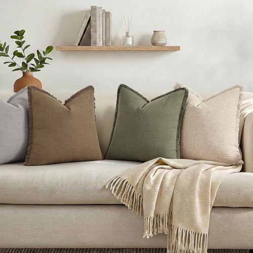 Image of decorUhome Linen Fringe Olive Green Throw Pillow Covers 18x18 Set of 2 | Decorative Soft Accent Modern Boho Farmhouse Cushion Covers with Tassels Cotton Pillow Covers for Couch Bed Sofa