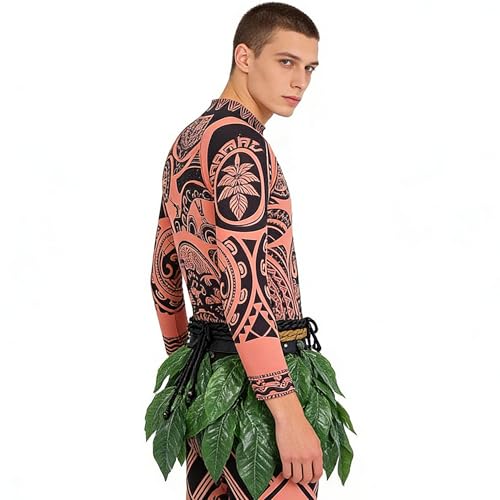 YDUNARISE Dschungel Kostüm Herren mit Druck Oberteil Hose Blätterrock Halskette Safari Kostüm Empfohlen für 178-192cm Faschingskostüme für Karneval Mottoparty