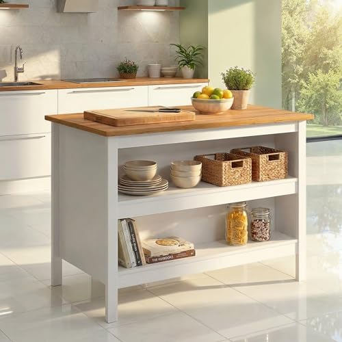 Inter Link - Kücheninsel - Mittelinsel - Arbeitsplatte - Küchenschrank mit Regalen - Melaminbeschichtet - Länge 124cm - Höhe 82 cm - Tiefe 75 cm - Julina - Weiß/Eiche Artisan
