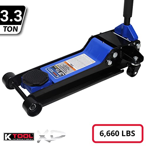 K Tool International Xd63133 3.33 Ton Low Profile Service Floor Jack For Garages, Repair Shops, Diy, Dual Pump Piston 6,600 Lbs. Capacity, Lifting Range 3.5" - 21.375", Heavy Duty Steel, Black/Blue #TOP1