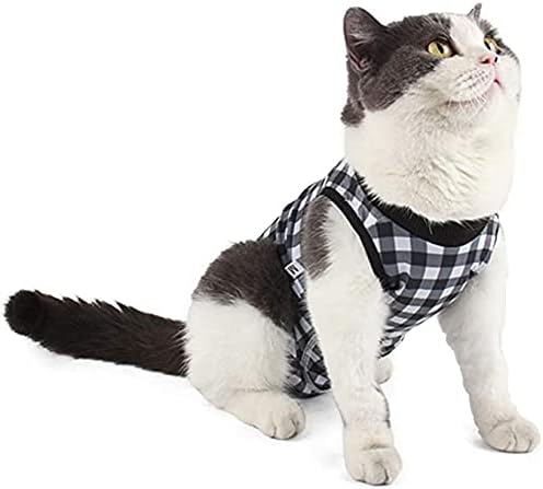 Etdane Cat Onesies Surgery Recovery Suit Abdominal Wounds Protector Post-Operative Shirt Pet E-Collar Alternative Vest for Home (Medium, Black Plaid)