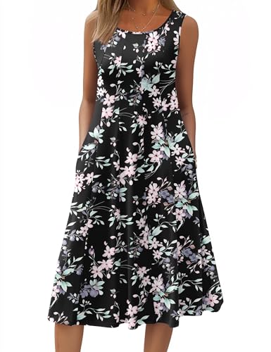HOTOUCH Summer Dresses for Women Casual Printed Sunddress with Pockets T-Shirt Dress Tropical Flowy Dress, Black Pink Floral L