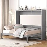 Merax Modern Farmhouse Solid Wood Murphy Bed Chest, Wall Bed with Wood Slat Support/No Box Spring Needed/Space Saving/Queen,Gray
