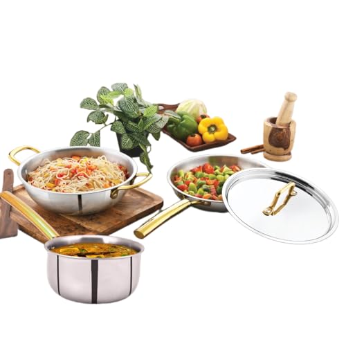 Image of Stainless Steel Triply Cookware Set of 4 Kadai 24cm- 2.4L, Frypan 24cm, Saucepan 18cm & SS Lid with Gold PVD Handle |Gas Stove & Induction Base| 5 Year Warranty - Silver 3.5kg