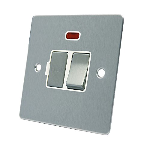 AET FSCSFNWS Satin Chrome Flat Spur w White Insert Metal Rocker Switch-13 Amp Switched Fused Connection Unit with Neon Indicator, 240 V