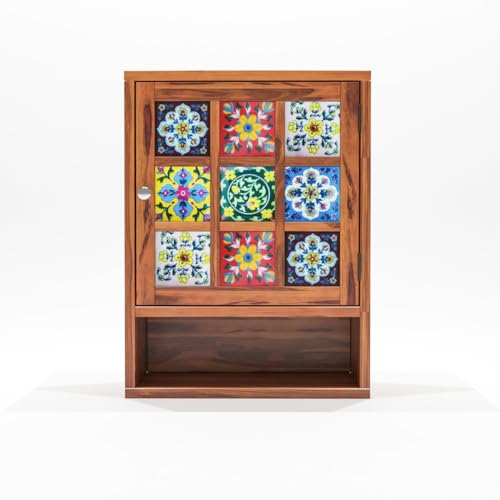 Image of Sheesham Wood Kitchen Cabinet for Home | Wall Mounted Kitchen Rack with Storage | Wooden Kitchen Unit /Organizer with 1 Door & 1 Shelf Storage (Honey Finish)