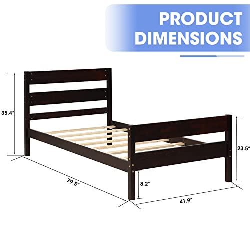 Windaze Twin Bed, Wood Frame With Headboard And Footboard For Children Teens Adults, Twin Platform Slat Support No Box Spring Needed, Espresso #TOP1