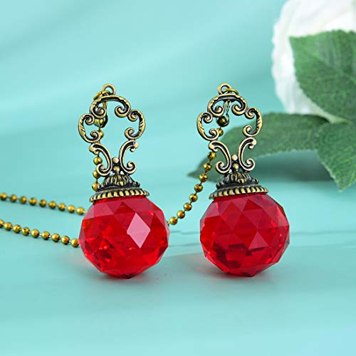 Image of Set of 2 Vintage-Style Red Fan Pull Ceiling Fan Chain Pulls Crystal Prism Ball