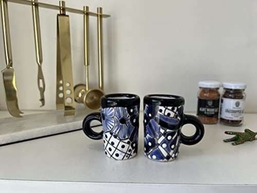 Casa Fiesta Designs Talavera Mexican Ceramic Shot Glasses With Handles, Hand-Painted In Mexico - Great For Tequila, Mezcal And Sangrita, 2 Oz Set Of 2 - Tequilero Azul Blanco Oreja #TOP4