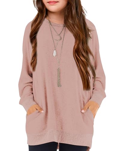 Image of Girls Shirts for 6-13 Years Long Sleeve Crewneck Tops with Pockets