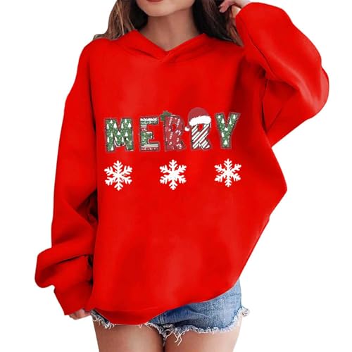 Image of AMhomely Christmas Jumpers Kids Snowflakes,Boys Girls Xmas Hoodie,Holiday | Graphic Long Sleeve Tops,Cute Merry Christmas Print Fleece Pullover Hoody,Winter Loose Cartoon Clothes B Red 7-8 Years