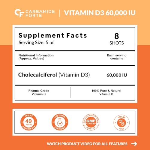 Image of Carbamide Forte Vitamin D3 60000IU I Cholecalciferol Vitamin D3 60000 IU Oil Based & Sugar Free Nano Shots I Once in A Week - 5ml