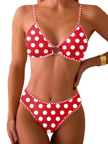 Image of Fanuerg Women's Triangle Bikini Sets O Ring Linked Two Piece Swimsuits Floral Printed Cheeky Bathing Suit