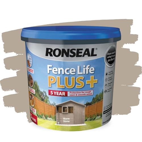SAVING HUB Fence Paint 5L - Garden Shed Paint, Outdoor Furniture Paints - Exterior Wood Treatment - Used On Rough Swan & Smooth Planed Wood - Sheds & Fences Life Plus - Dry in 4 Hours (Warm Stone)