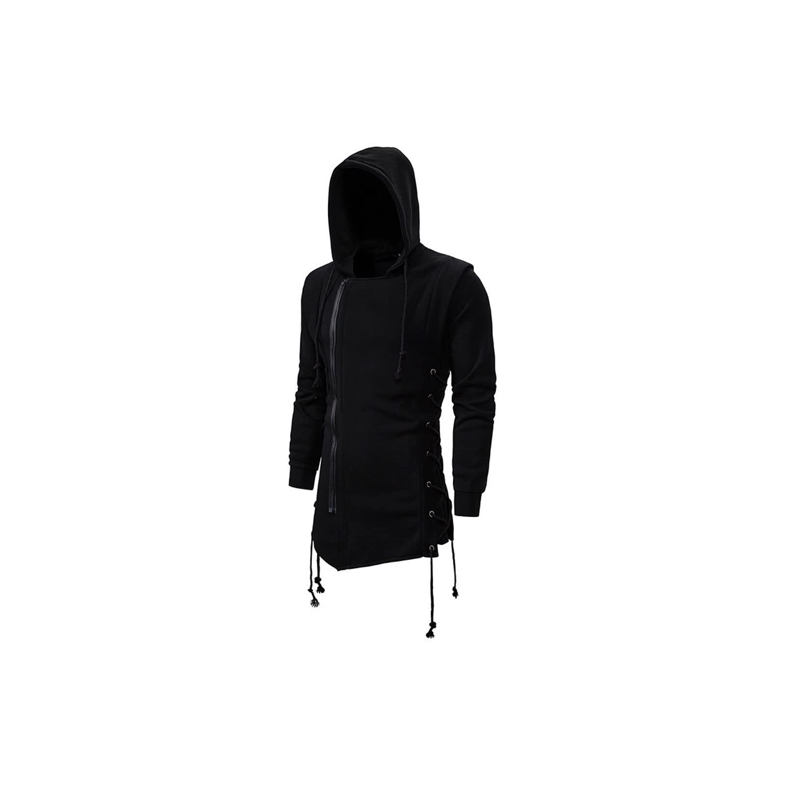 CKSEKD Long Sleeved Men Street Apparel Hooded Men's Hooded Loose Coat Zipper Hooded Side Strap Cross Sweatshirt M Black