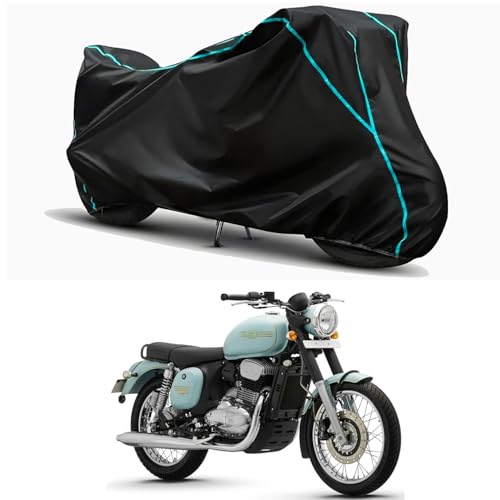 Image of Waterproof Bike Body Cover Compatible for | Jawa Forty Two Halleys | Taffeta Fabric, Sky Piping Design, Bottom Elastic Fit | Dustproof, Sun UV & Rain Protection for All Weather.